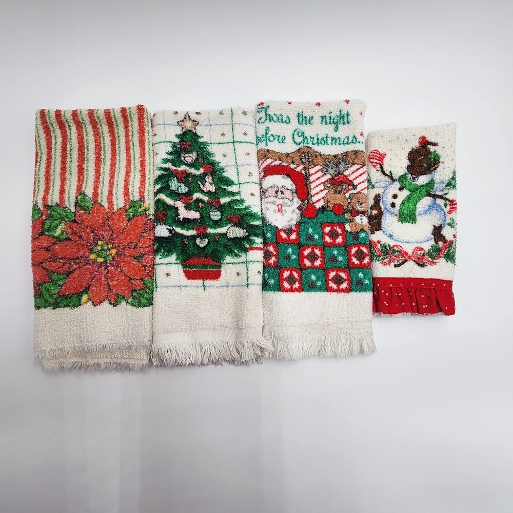Vintage Cannon Christmas Theme Hand Towels Fringe 4 Santa‎ Tree Snow Floral Snow